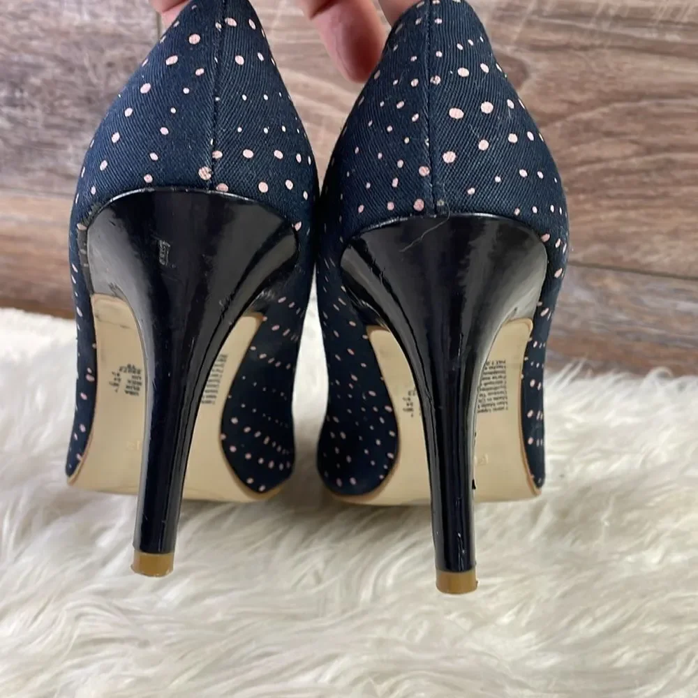 Fiona Ladies Peek a Boo Polka Dot Heels, Size 7, Navy Blue with Light Pink Dots